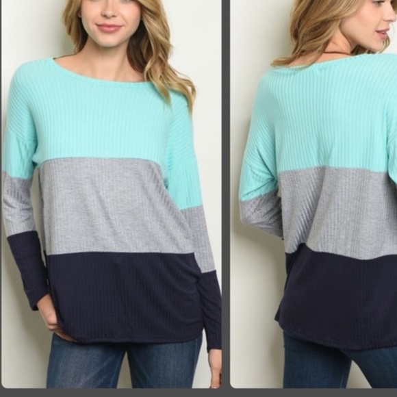 Vine & Love Tops - Colorblock Long Sleeve Pullover Shirt - Aqua, Dove